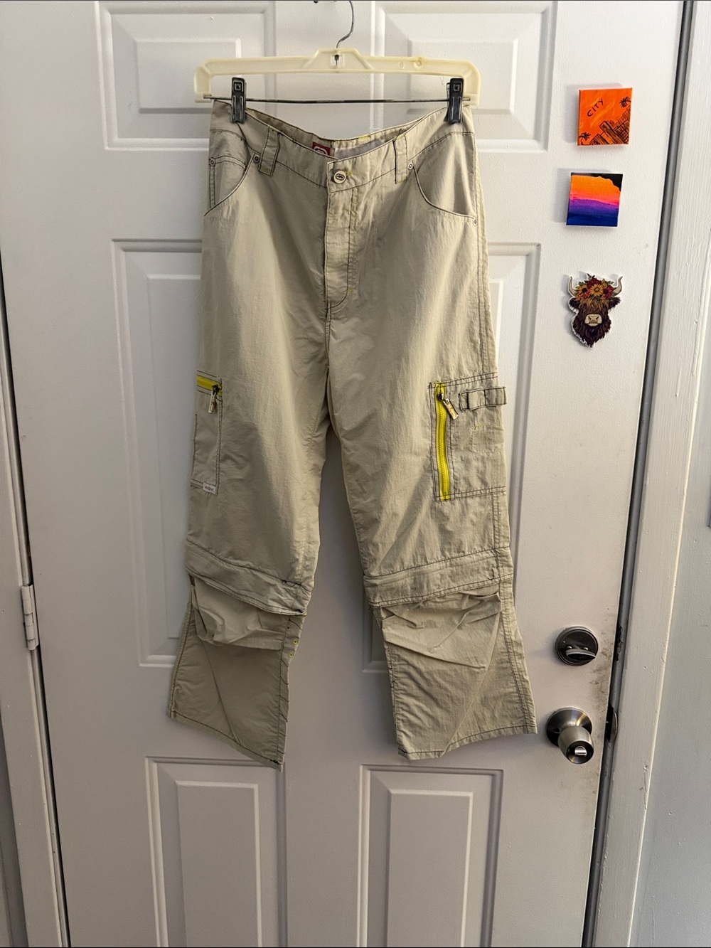 Ecko Unlimited Beige Cargo Pants with Yellow Zipper Accents